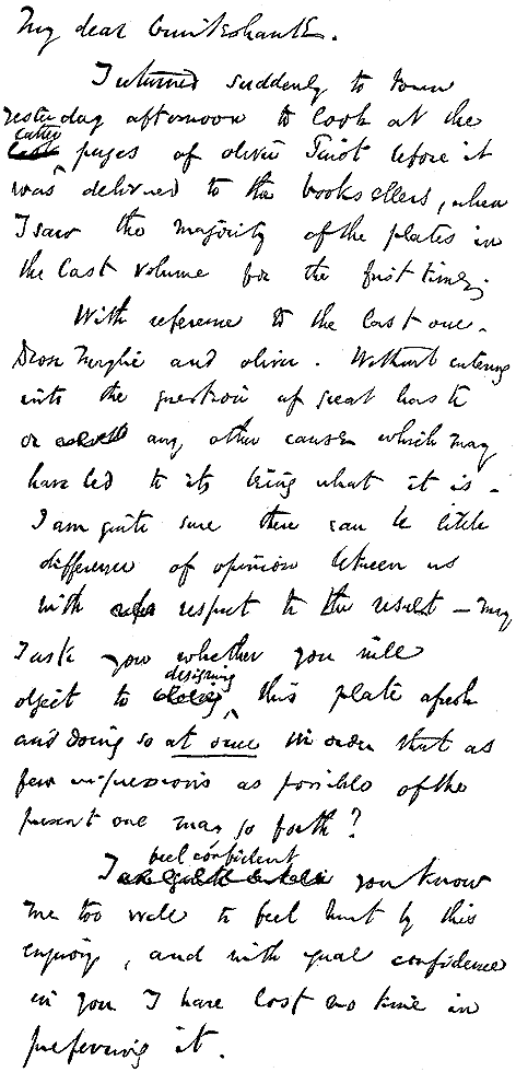 Charles Dickens an George Cruickshank. Facsimile eines 1839 geschriebenen Briefes über die letzten Illustrationen zu Oliver Twist