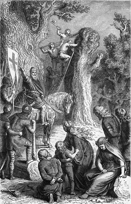 Karl der Große läßt einen der heiligen Bäume der Sachsen fällen